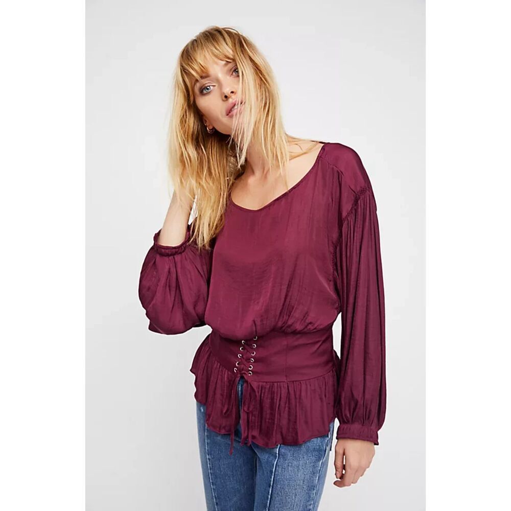 NWT FREE PEOPLE Purple Darling Dreamer Waist Cinch Satin Blouse Top Size Large